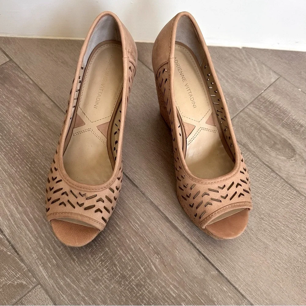 Adrienne Vittadini Carilena Taupe Cutout Leather Cork Wedge Peep Toe